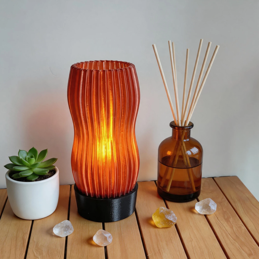 Amber Wavy Table Lamp: 3D Printed Recycled Plastic LED Lamp