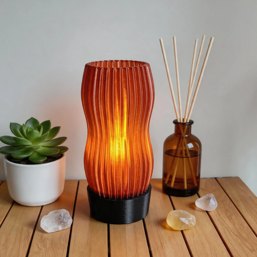 Amber Wavy Table Lamp: 3D Printed Recycled Plastic LED Lamp