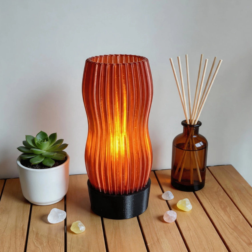 Amber Wavy Table Lamp: 3D Printed Recycled Plastic LED Lamp