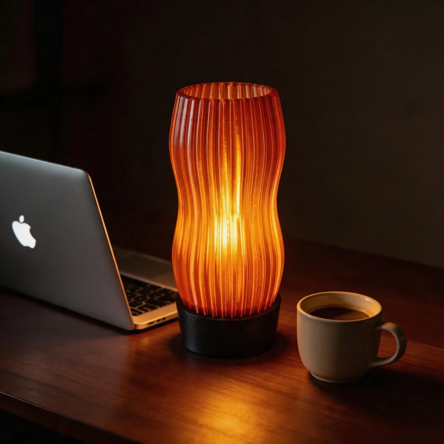 Amber Wavy Table Lamp: 3D Printed Recycled Plastic LED Lamp