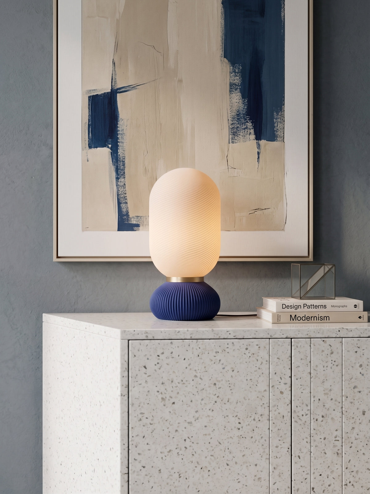 Onde Sculptural Table Lamp, 3D Printed Bedside Nightstand Light, Modern Touch Sensor Lamp with Brass Ring, Warm Ambient Home Decor Gift