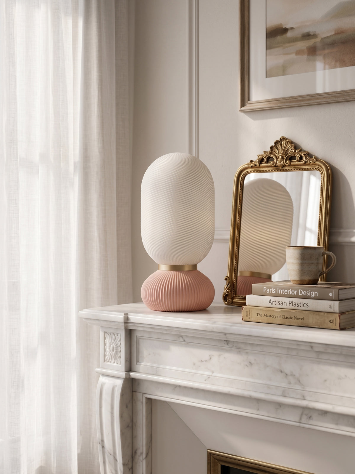 Onde Sculptural Table Lamp, 3D Printed Bedside Nightstand Light, Modern Touch Sensor Lamp with Brass Ring, Warm Ambient Home Decor Gift