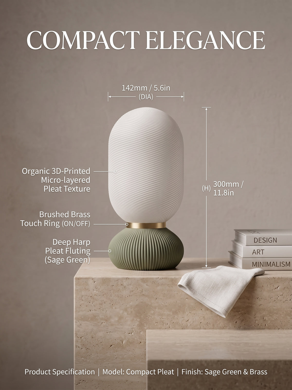 Onde Sculptural Table Lamp, 3D Printed Bedside Nightstand Light, Modern Touch Sensor Lamp with Brass Ring, Warm Ambient Home Decor Gift