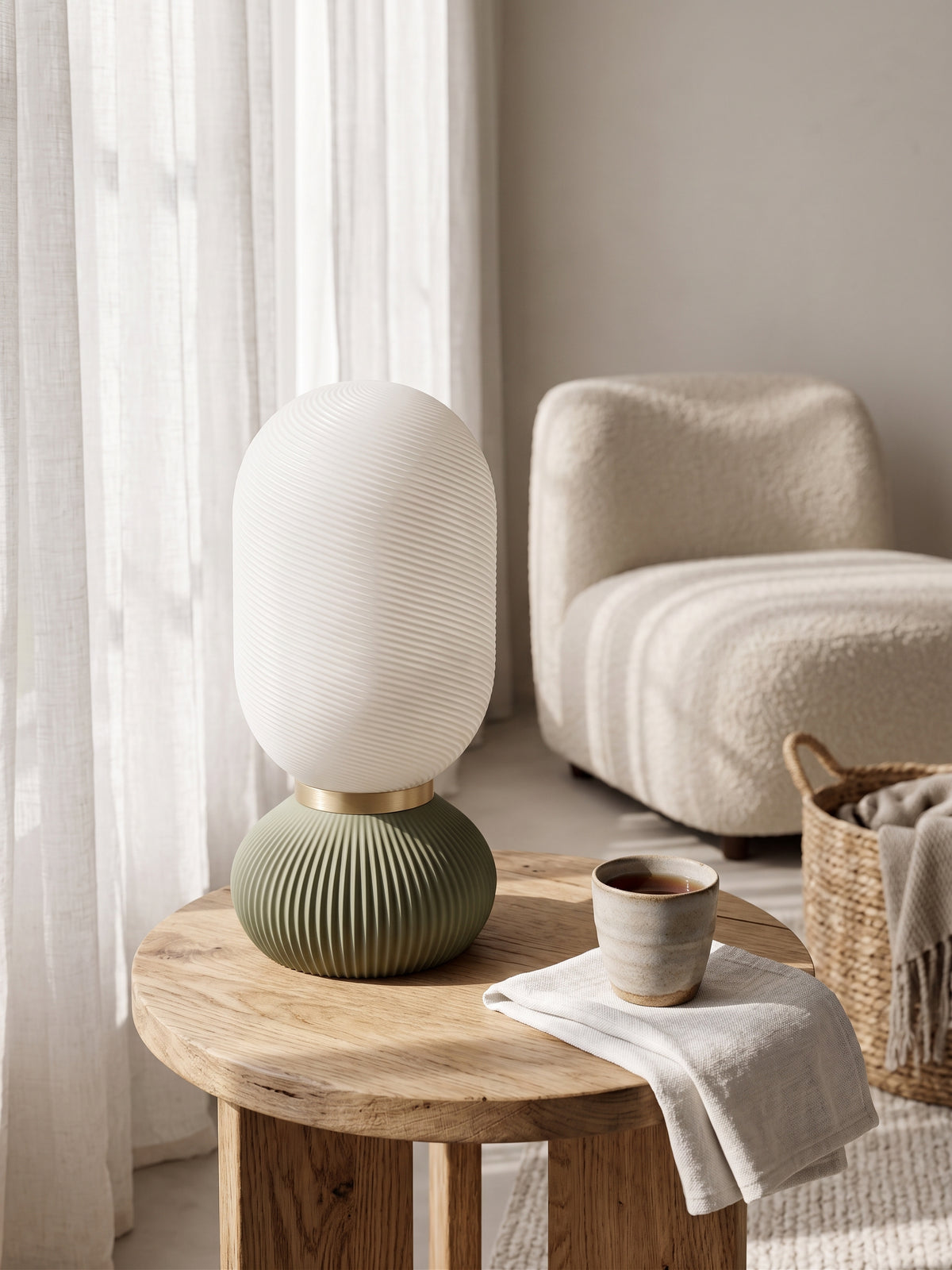 Onde Sculptural Table Lamp, 3D Printed Bedside Nightstand Light, Modern Touch Sensor Lamp with Brass Ring, Warm Ambient Home Decor Gift