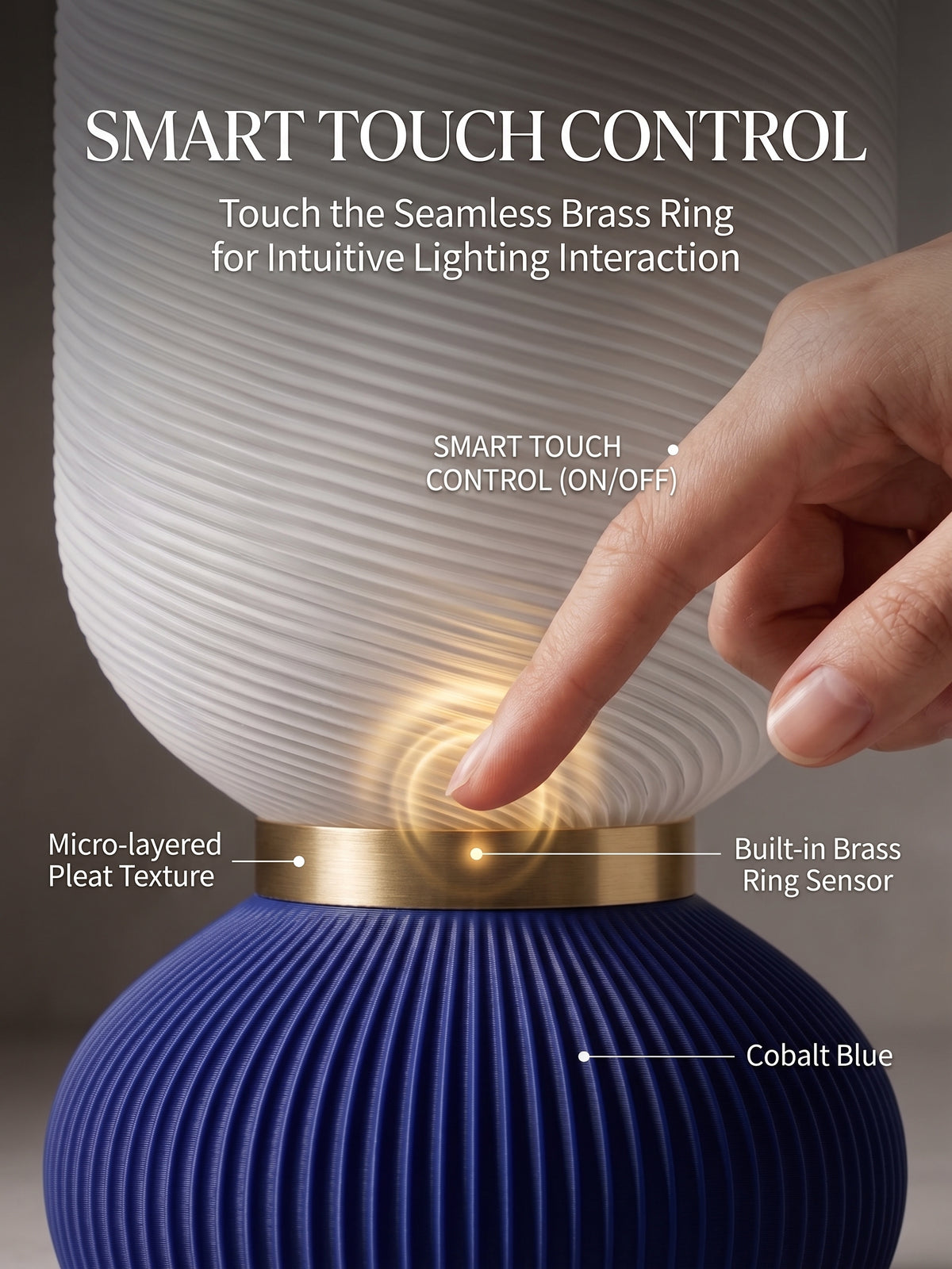 Onde Sculptural Table Lamp, 3D Printed Bedside Nightstand Light, Modern Touch Sensor Lamp with Brass Ring, Warm Ambient Home Decor Gift