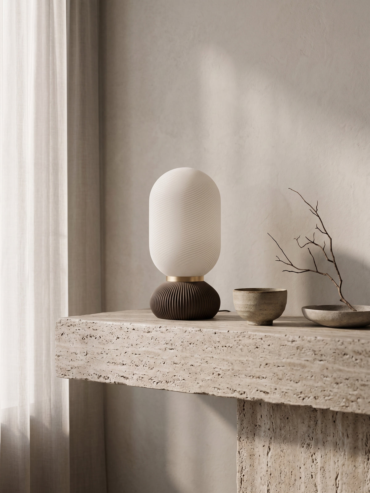 Onde Sculptural Table Lamp, 3D Printed Bedside Nightstand Light, Modern Touch Sensor Lamp with Brass Ring, Warm Ambient Home Decor Gift