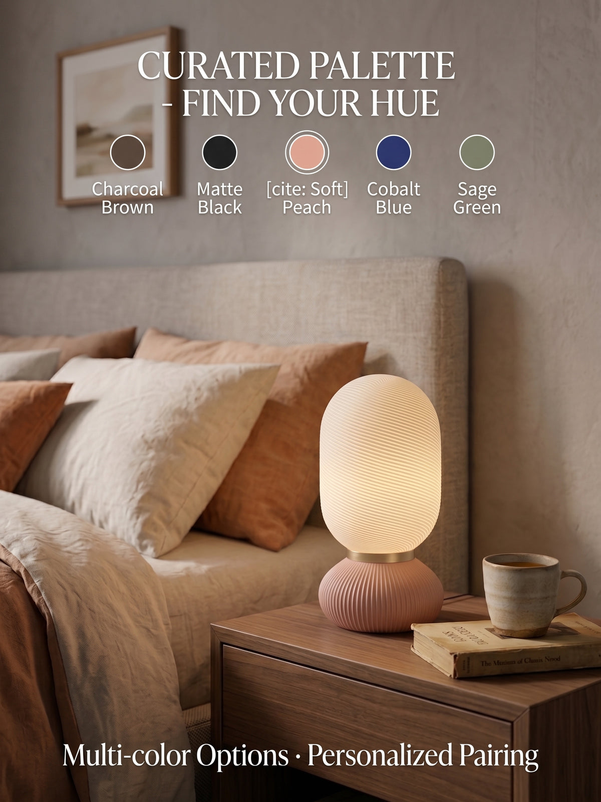 Onde Sculptural Table Lamp, 3D Printed Bedside Nightstand Light, Modern Touch Sensor Lamp with Brass Ring, Warm Ambient Home Decor Gift